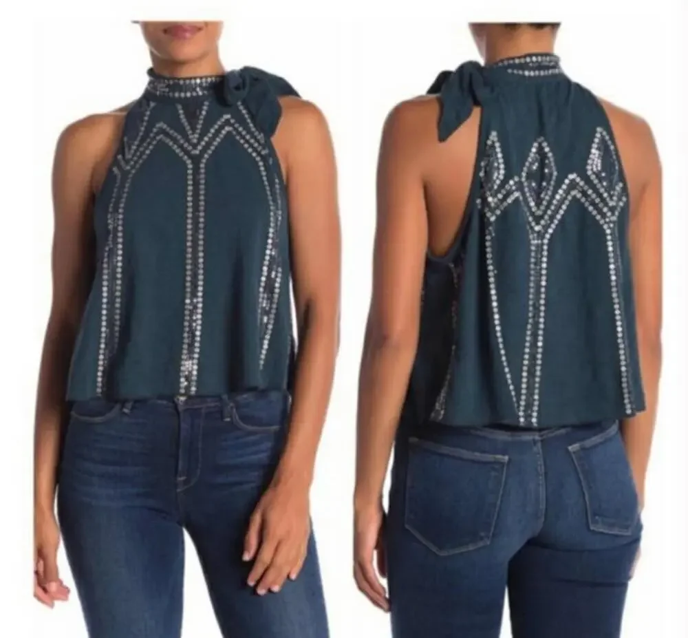 Free People Green Glitter City Tie Neck Tank Top - XS